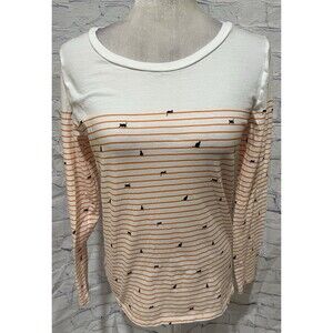 Ann Taylor Loft White & Orange Striped long-sleeve top black cat silhouettes M